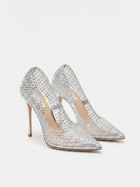 Azalea Wang Crystal Rhinestone Embellished Formal Heels Silver Size 8